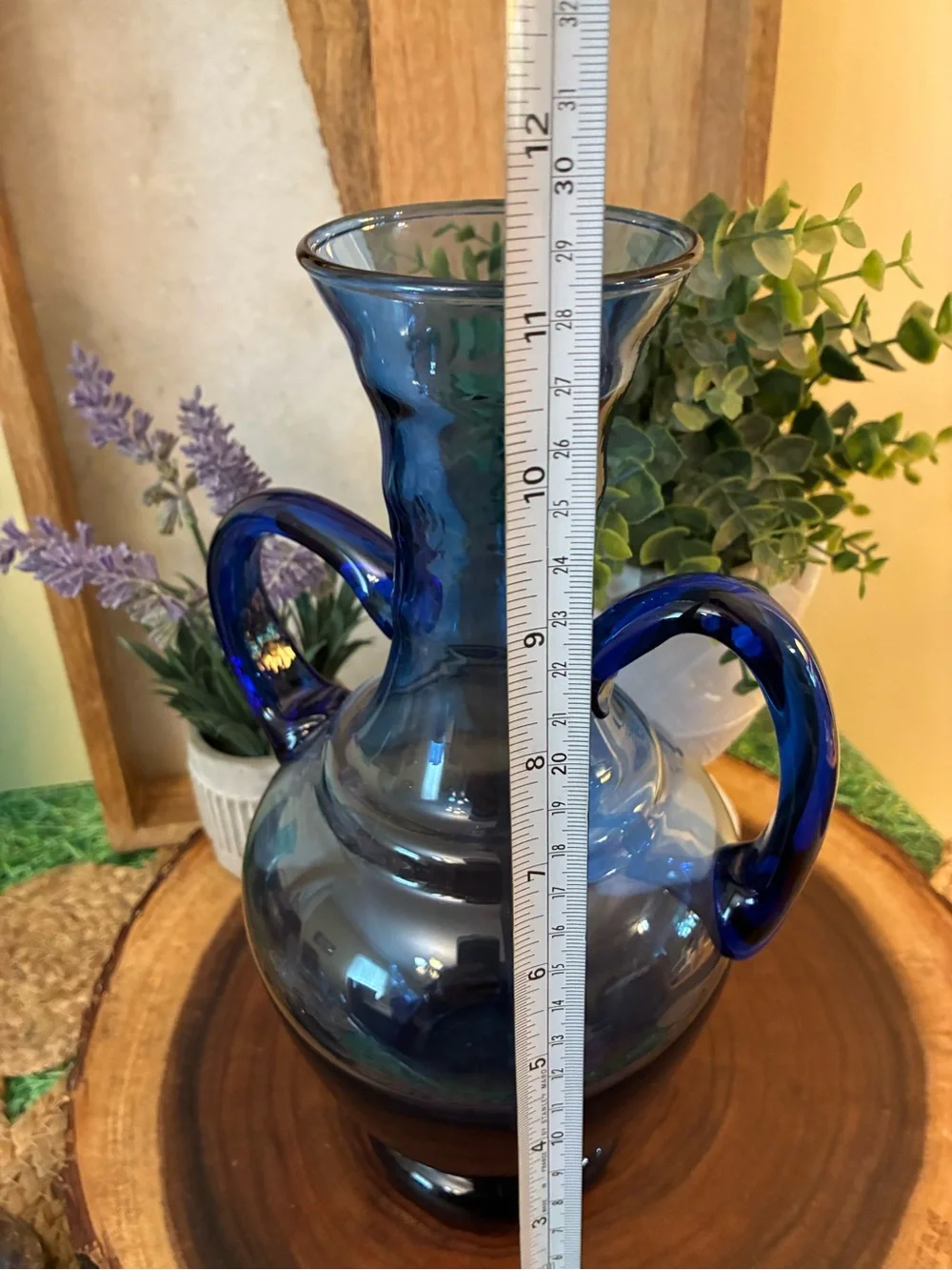 Vintage Cobalt Hand Crafted Double-Handled Blown Glass Vase